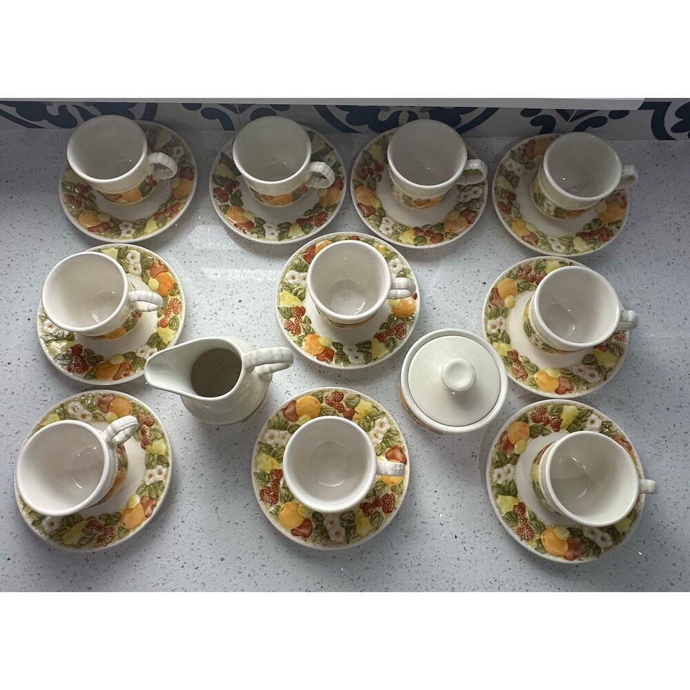 Set Of 10 Vtg Vernon Ware Metlox Della Robbia Cups & Saucers w Cream and Sugar - Picture 5 of 7
